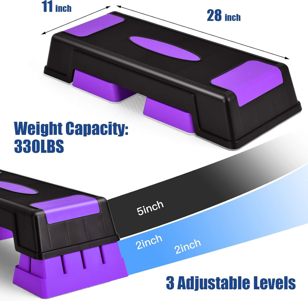 Exercise Step Platform, 30” Aerobic Stepper with Risers, 5”-7”-9” Height Adjusta