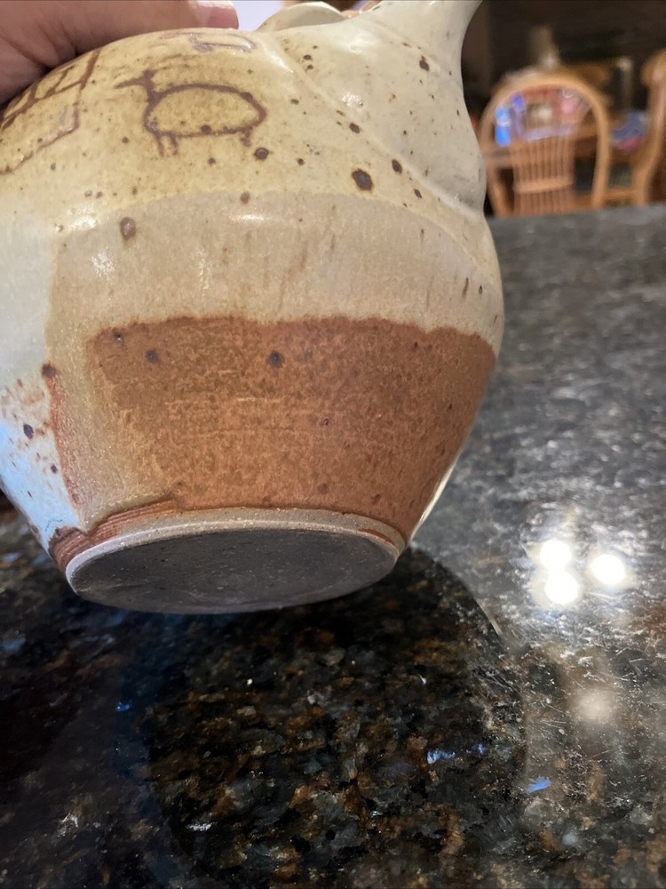 Studio Pottery Teapot with Bamboo Handle Primitive Cave Drawings