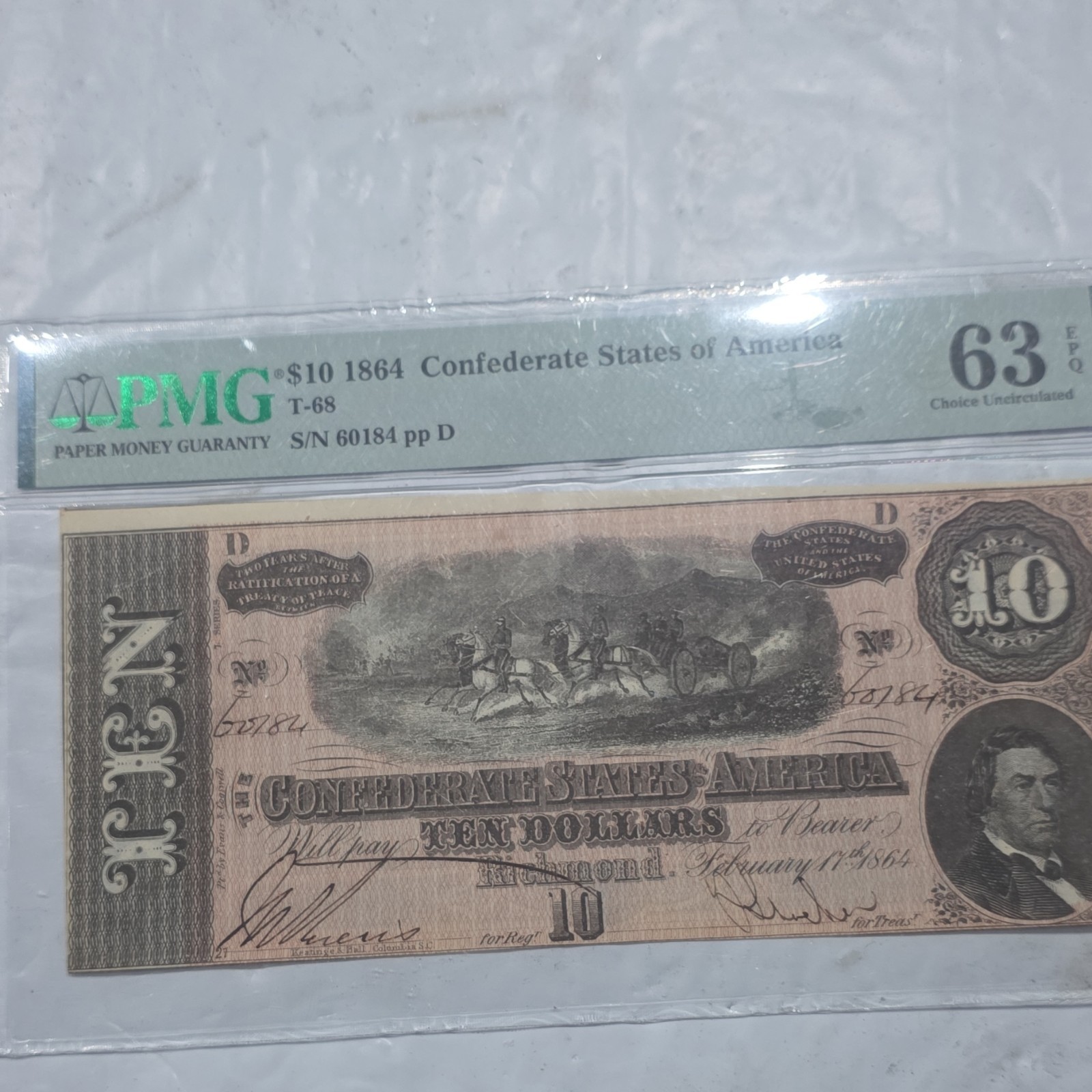 1864 $10 Confederate Currency PMG 63 EPQ Certified S/N 60184