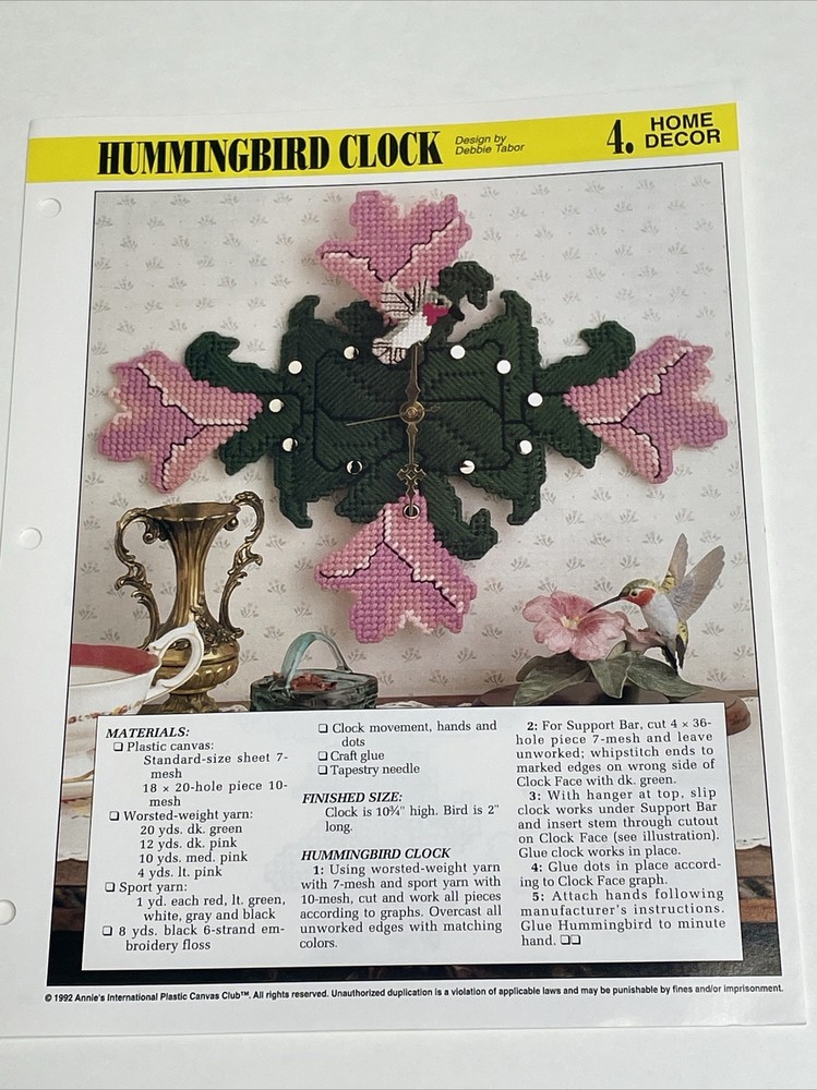 Hummingbird Clock Wall Hanging Annie's Attic Plastic Canvas Pattern