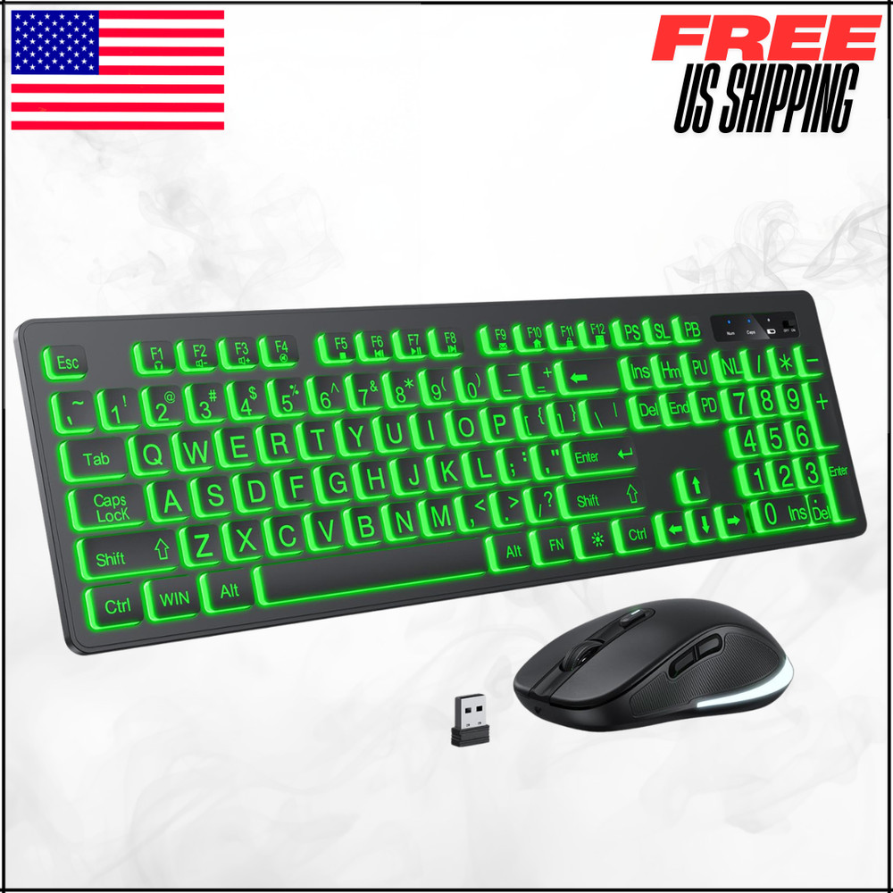 Large Print 7 Colors Backlit Wireless Keyboard & Mouse For PC Windows Gaming