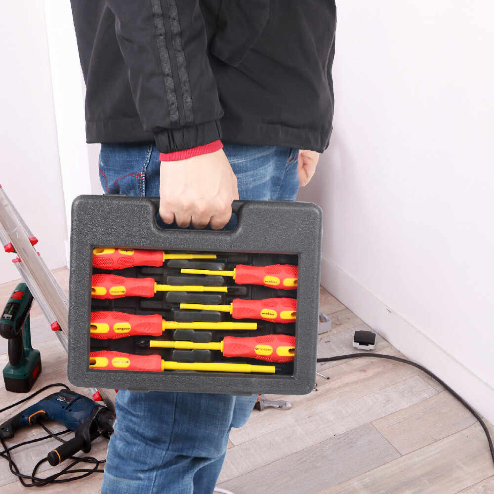 8pc Electrician's Insulated Magnetic Electrical Hand Screwdriver Tool Set & Case