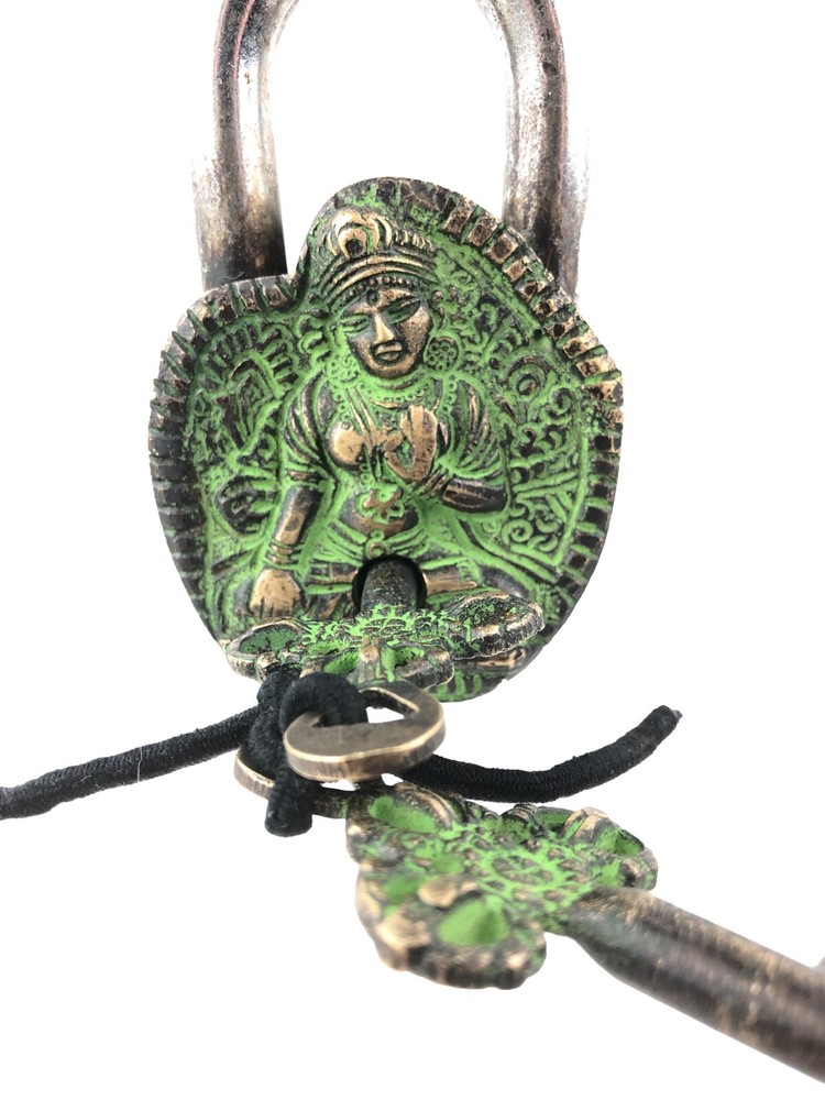Tibetan Deity Tara Design Padlock Victorian Style Solid Brass Padlock w/ 2 Keys