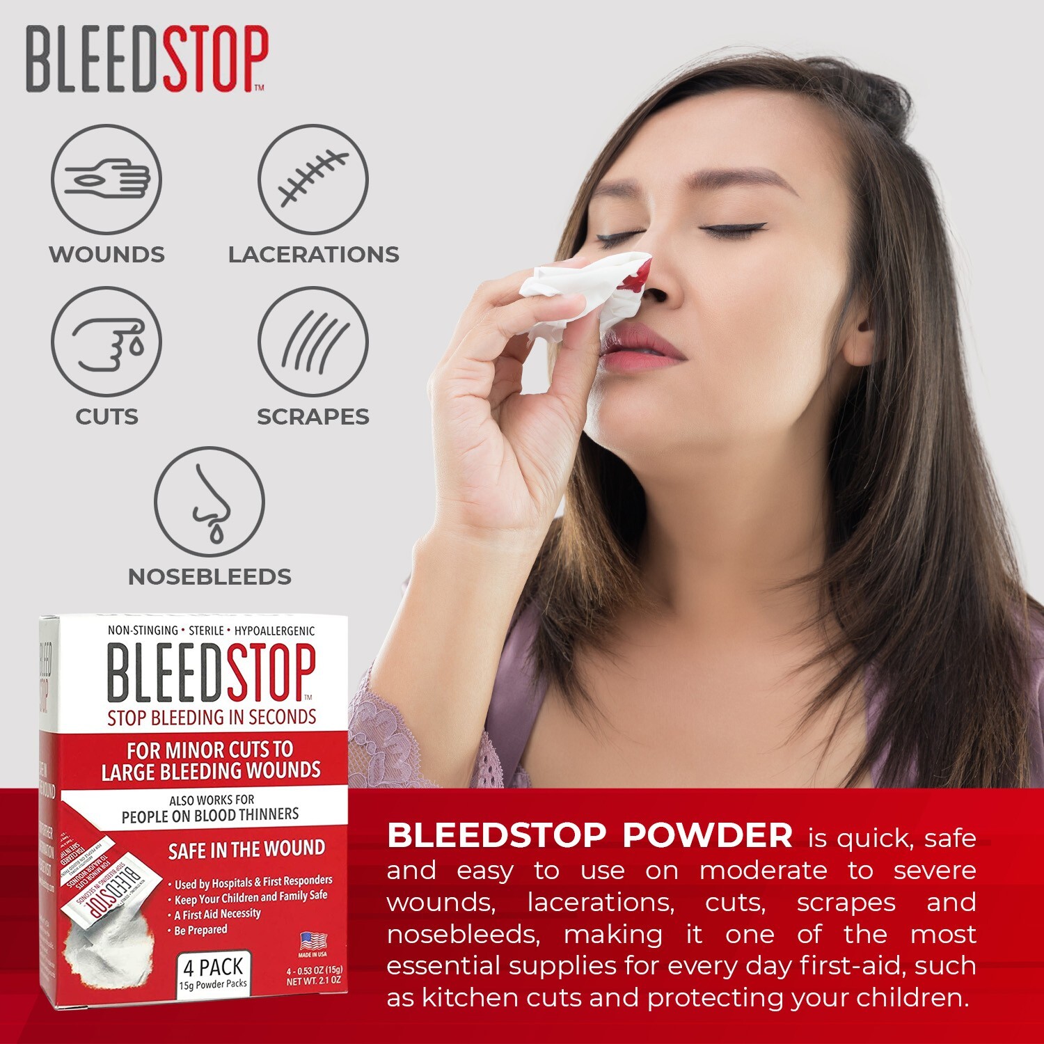 BleedStop™ First Aid Powder for Blood Clotting, Trauma Kit - 5 PK (15g) Pouches