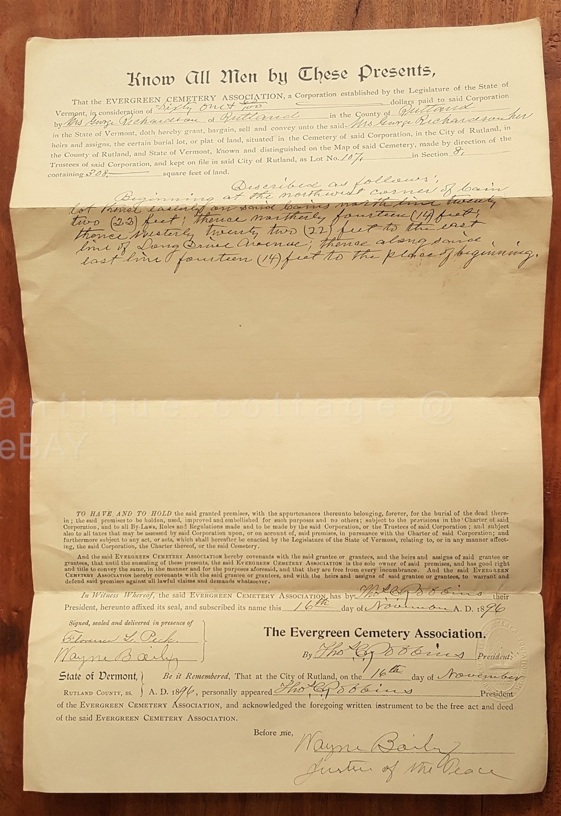 1896 antique EVERGREEN CEMETARY rutland vt PLOT DEED george richardson
