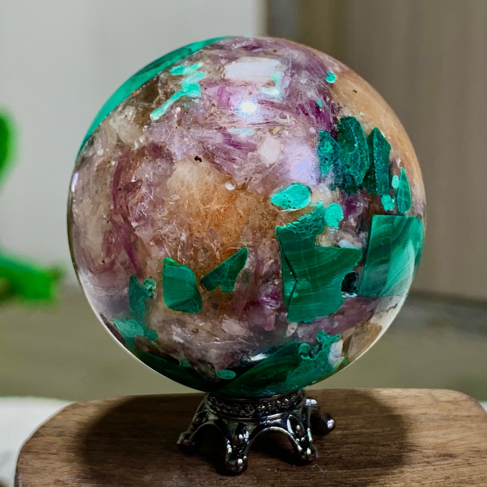 85G Newly discovered rare malachite purple mica symbiotic sphere restoration