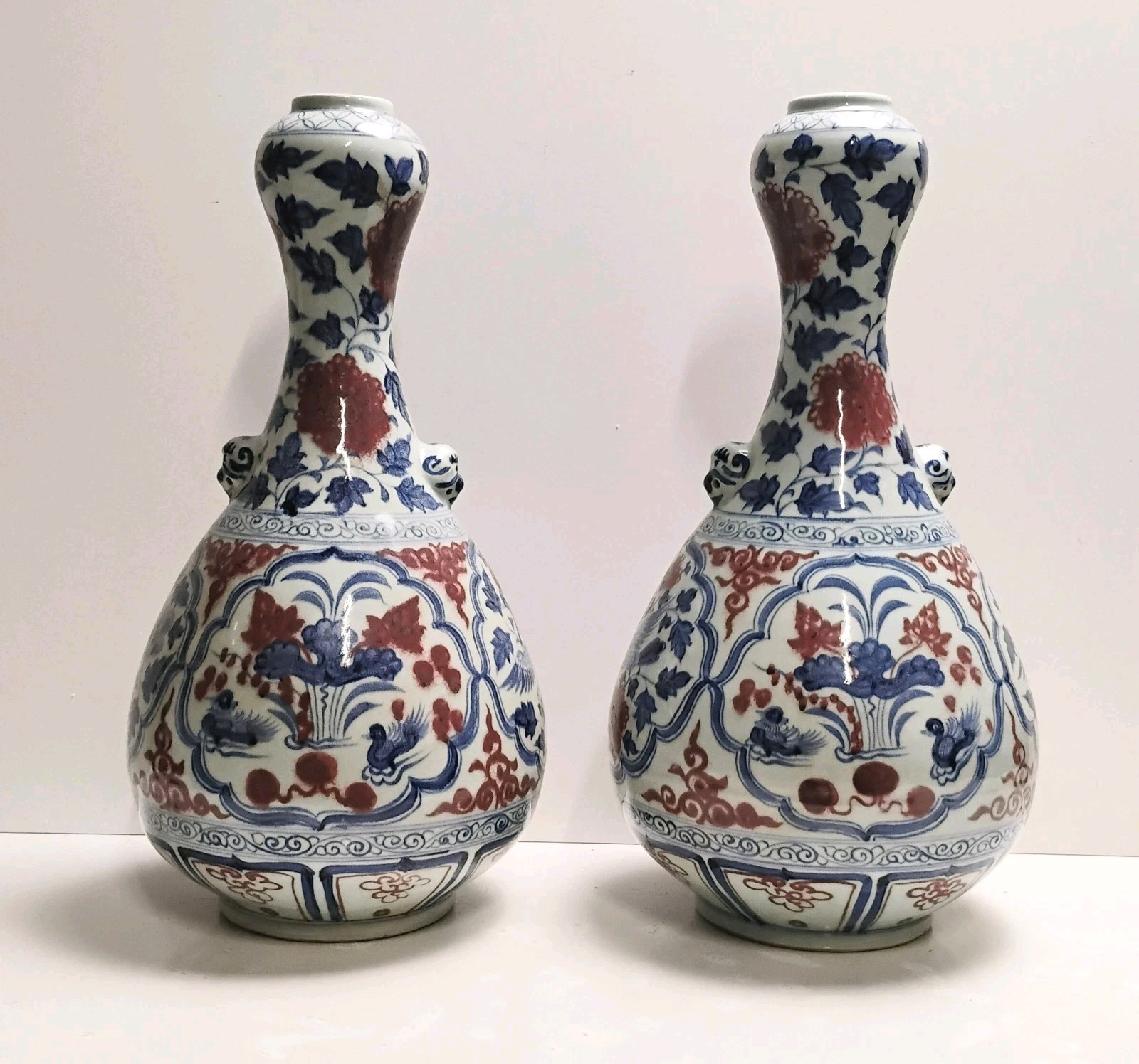 PAIR 20th Century Chinese Blue Copper Red & White Hand Painted Garlic Vase 20"