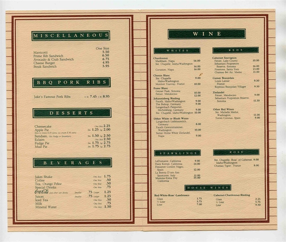 Jake's Restaurant & Good Times Bar Dinner Menu Multiple Locations