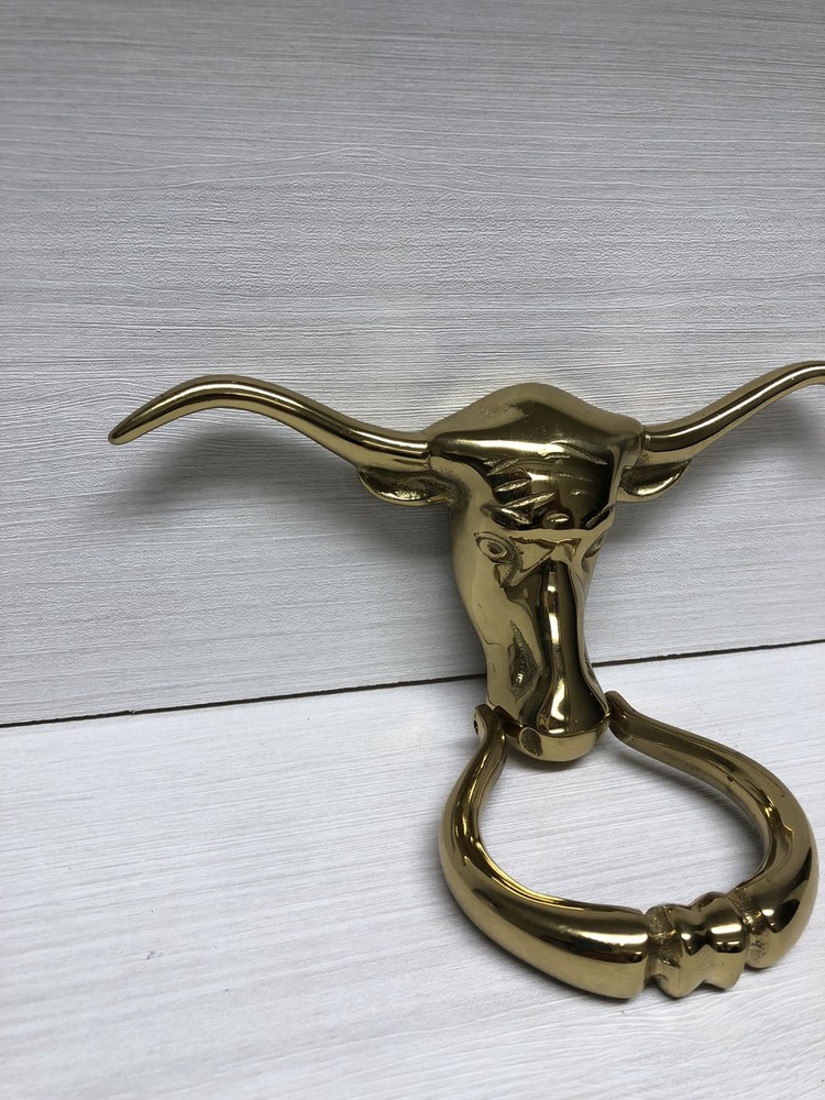Rare CMC Solid Brass Longhorn Steer Head Door Knocker Handle VTG E854-2