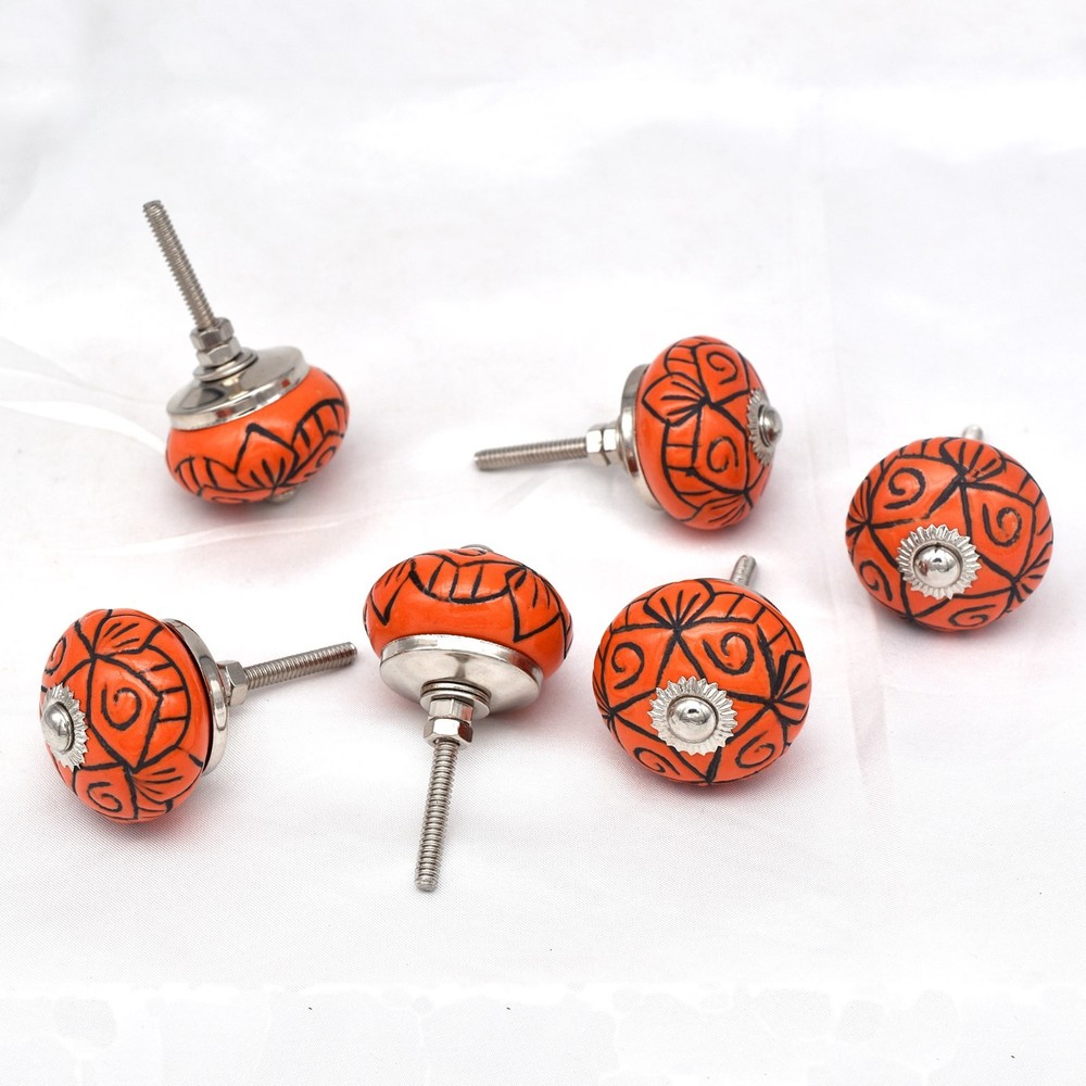 Emboss Orange Color Ceramic Knobs Handpainted Kitchen Cabinet Drawer Pulls