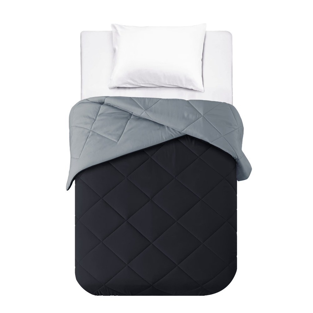 Reversible Twin XL Microfiber forter Black with Grey Checkered Pattern
