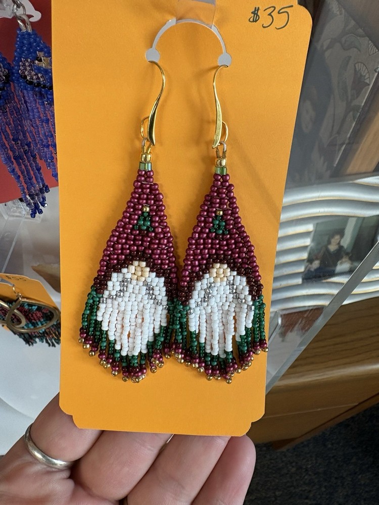 Handcrafted Beaded Dangle Earrings Gnome Christmas Multicolor Thread Hook