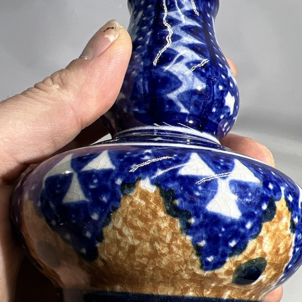 Antique Middle Eastern Blue And White Double Gourd Vase MARKED