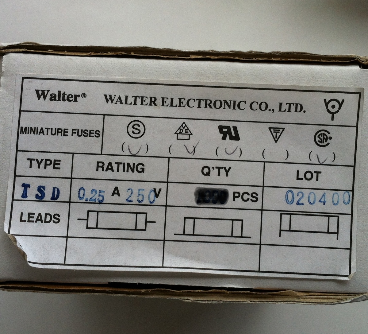 WALTER ELECTRONICS SLOW BLOW 250mA GLASS FUSES (12 PCS)