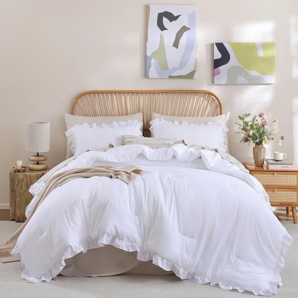 JANZAA Twin Comforter Set White Ruffled Twin,