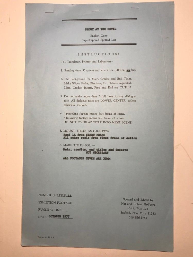 Vintage 1977 Horror Movie Shout At The Devil Script & Superimposed Spotted List