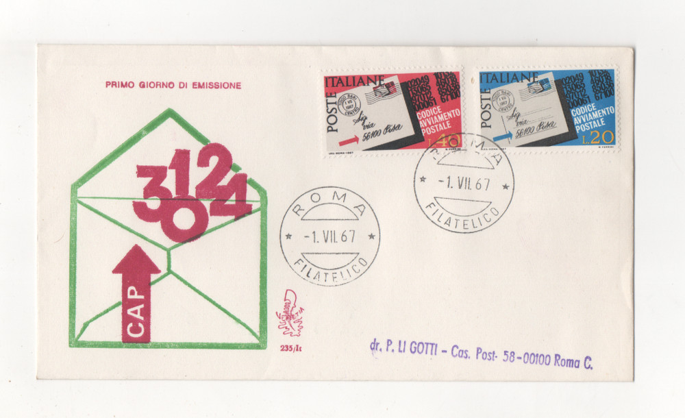 REPUBLIC - FDC - 1967 - CODE - START-UP - POSTAL - VENETIA