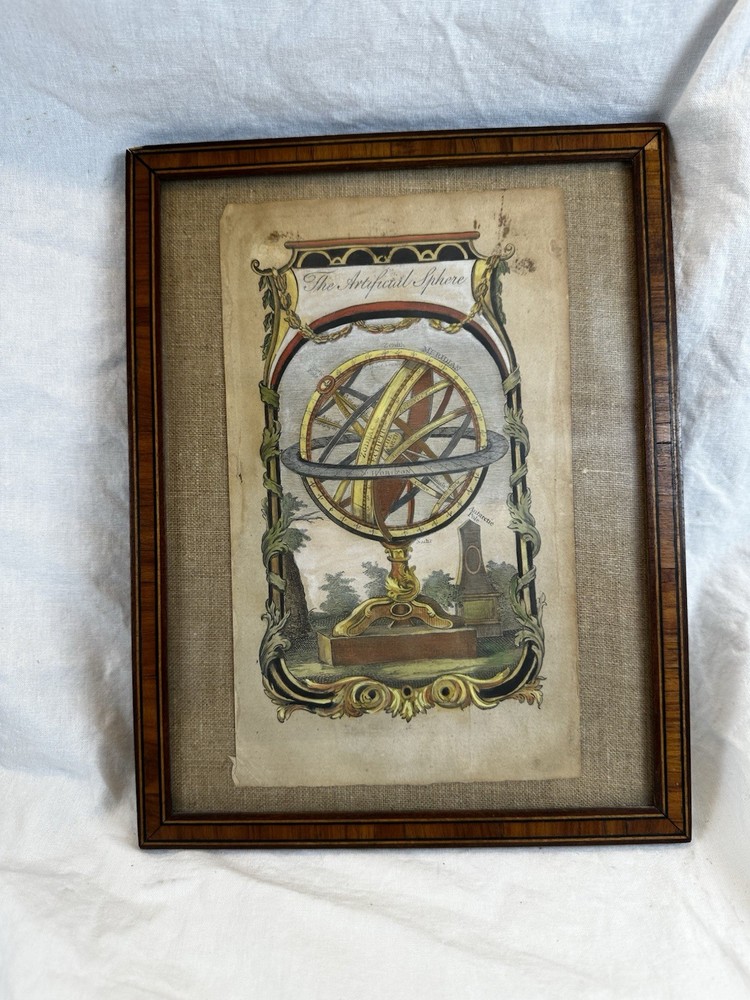 Antique The Artificial Sphere Armillary Engraving Hand Colored Framed Celestial