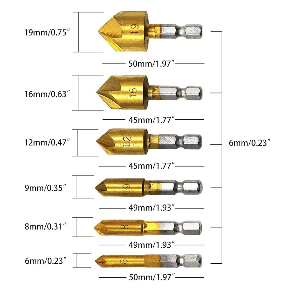 6 x Chamfer Countersink Deburring Drill Bit Set Crosshole Cutting Metal Tool Kit