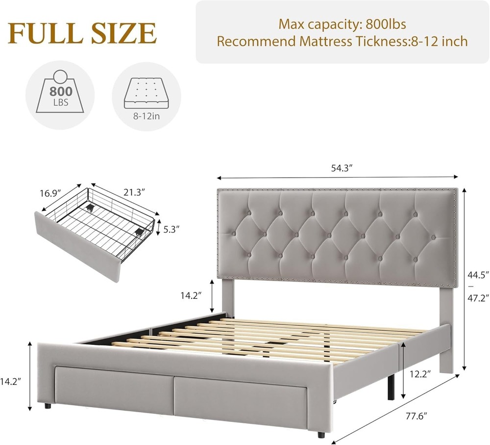 ✨Upholstered Full Queen Bed Frame w/ 2 Storage Drawers Velvet Platform Bed Frame