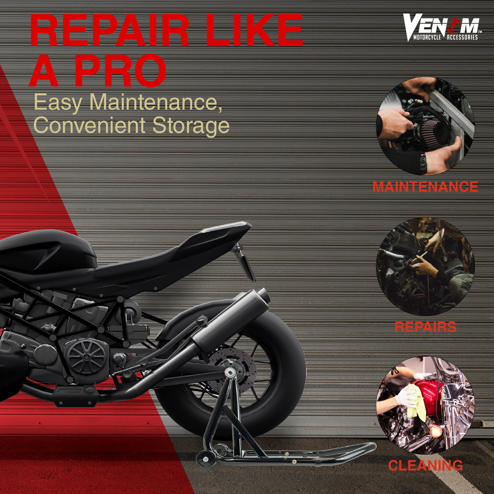 Venom Single-sided Motorcycle Stand Lift, Swingarm Rear Stand with 28.4 mm Pin