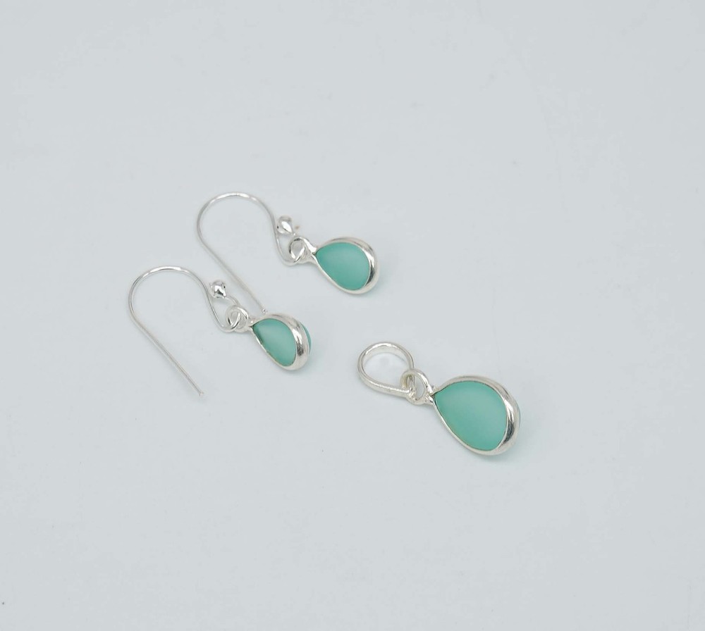 925 Solid Sterling Silver Aqua Chalcedony Hook Earring Pendant Set