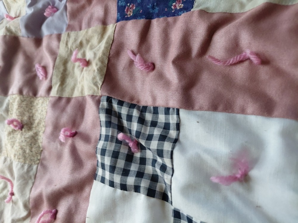 Handmade Child Tie Quilt 40"x53" Patchwork Square Blanket multicolor
