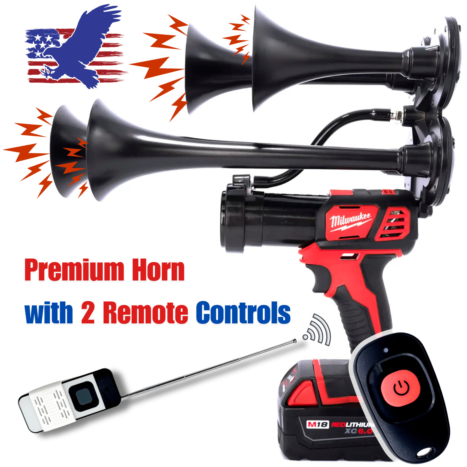 Milwaukee M18 Impact Train Air Horn + 2 Remote Controls| Quad Trumpet Train Horn