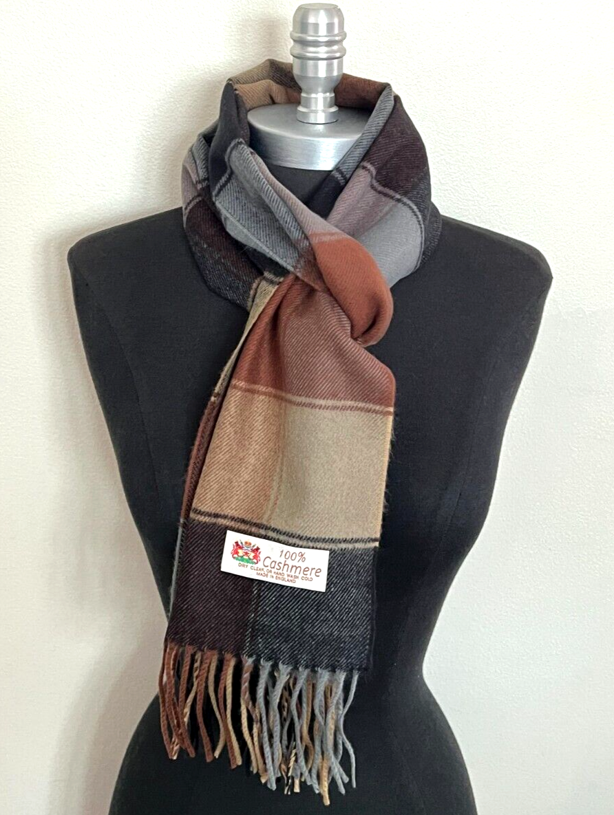 Men 100% CASHMERE SCARF Made in England Soft Wool Wrap Plaid Black / Gray /Brown