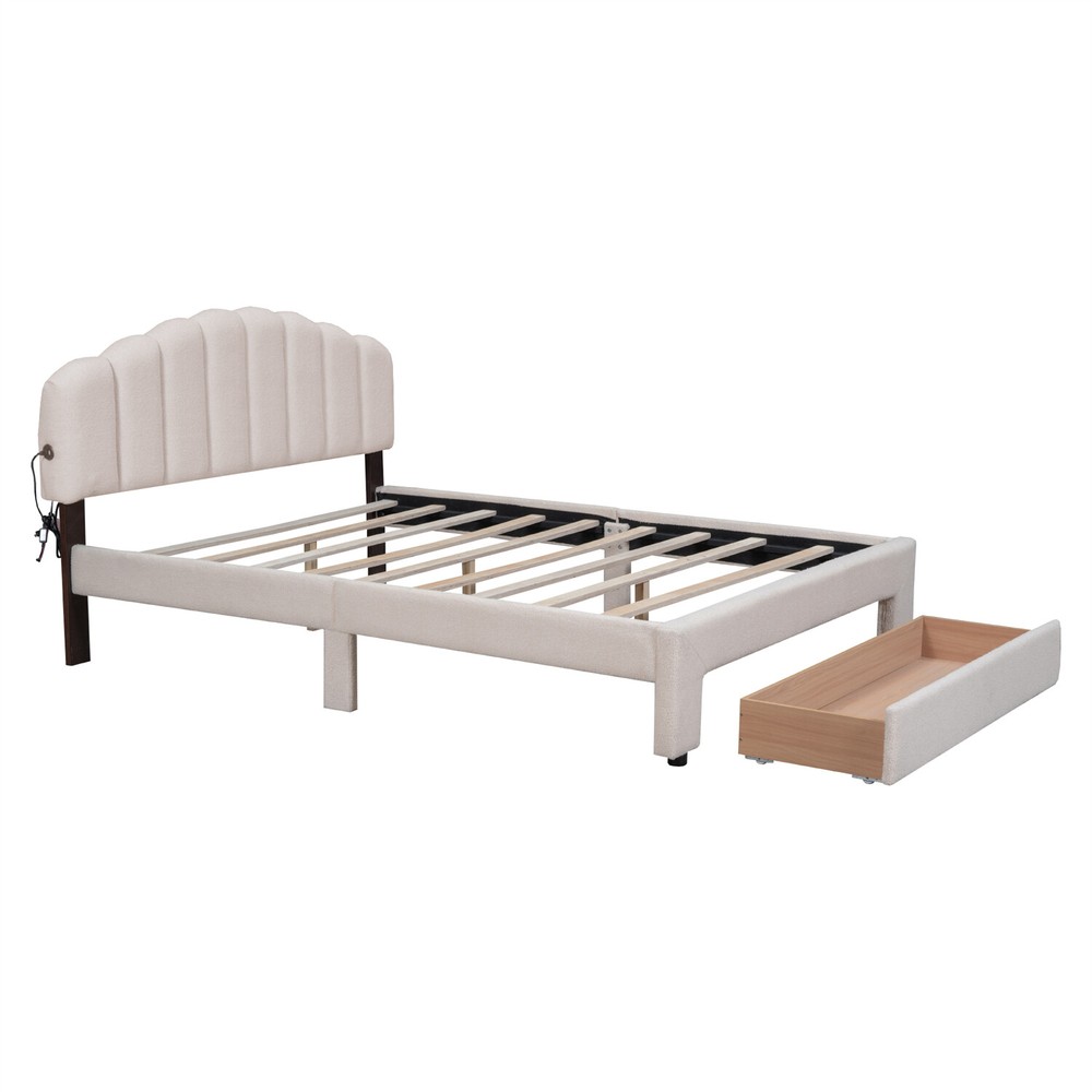 Queen Size Bed Frame Upholstered Platform Bed Frame w/ Headboard & Drawer Beige