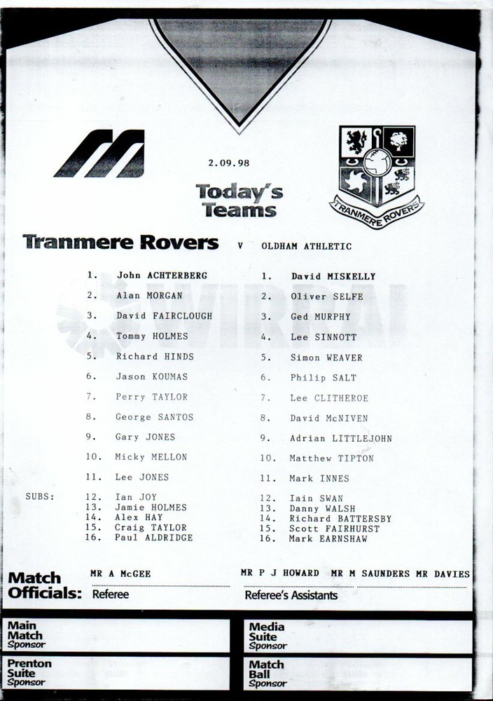 Team Sheet - Tranmere Rovers v Oldham Athletic 2.9.1998