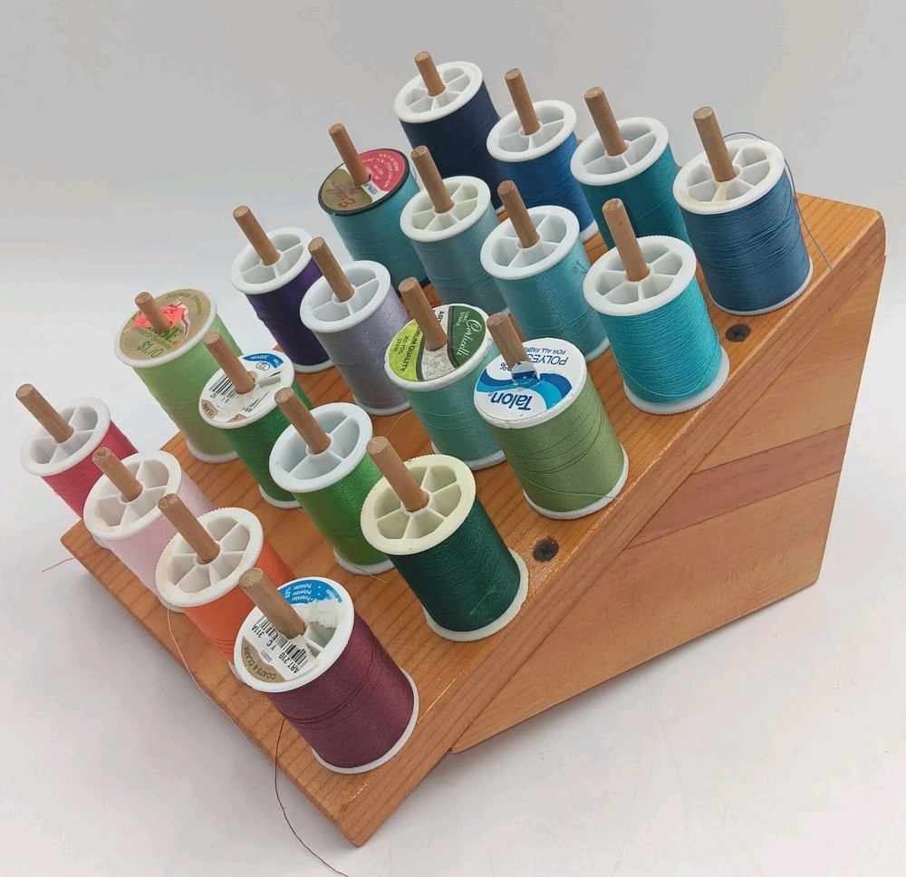 Vintage  Wooden 20 Spool Handmade Thread Holder With Thread.