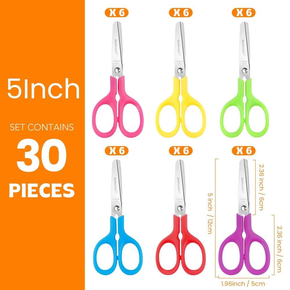 30Pack 5" Small School Student Blunt Kids Craft Scissors, Sharp Stainless Ste...