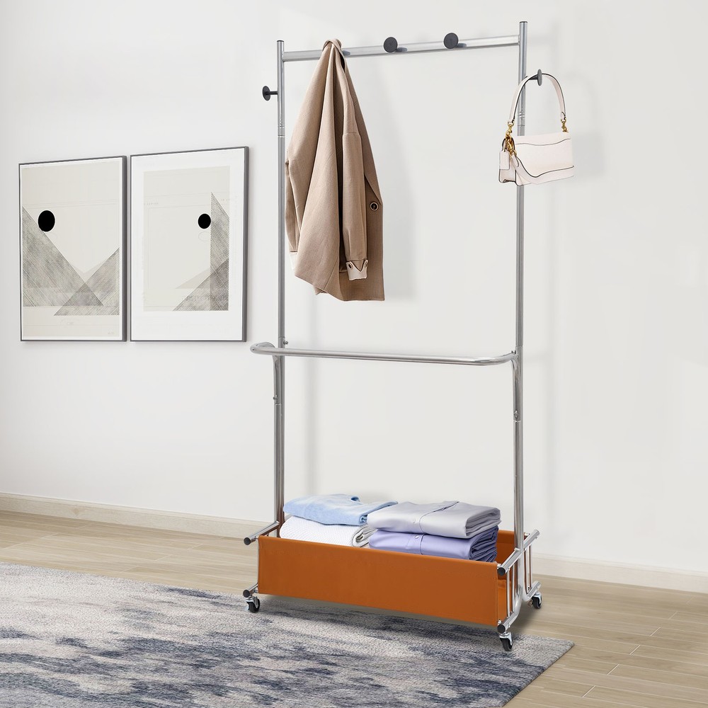 Movable Garment Rack - Modern Silver Iron, Free Standing, 4 Wheels & 5 Hooks