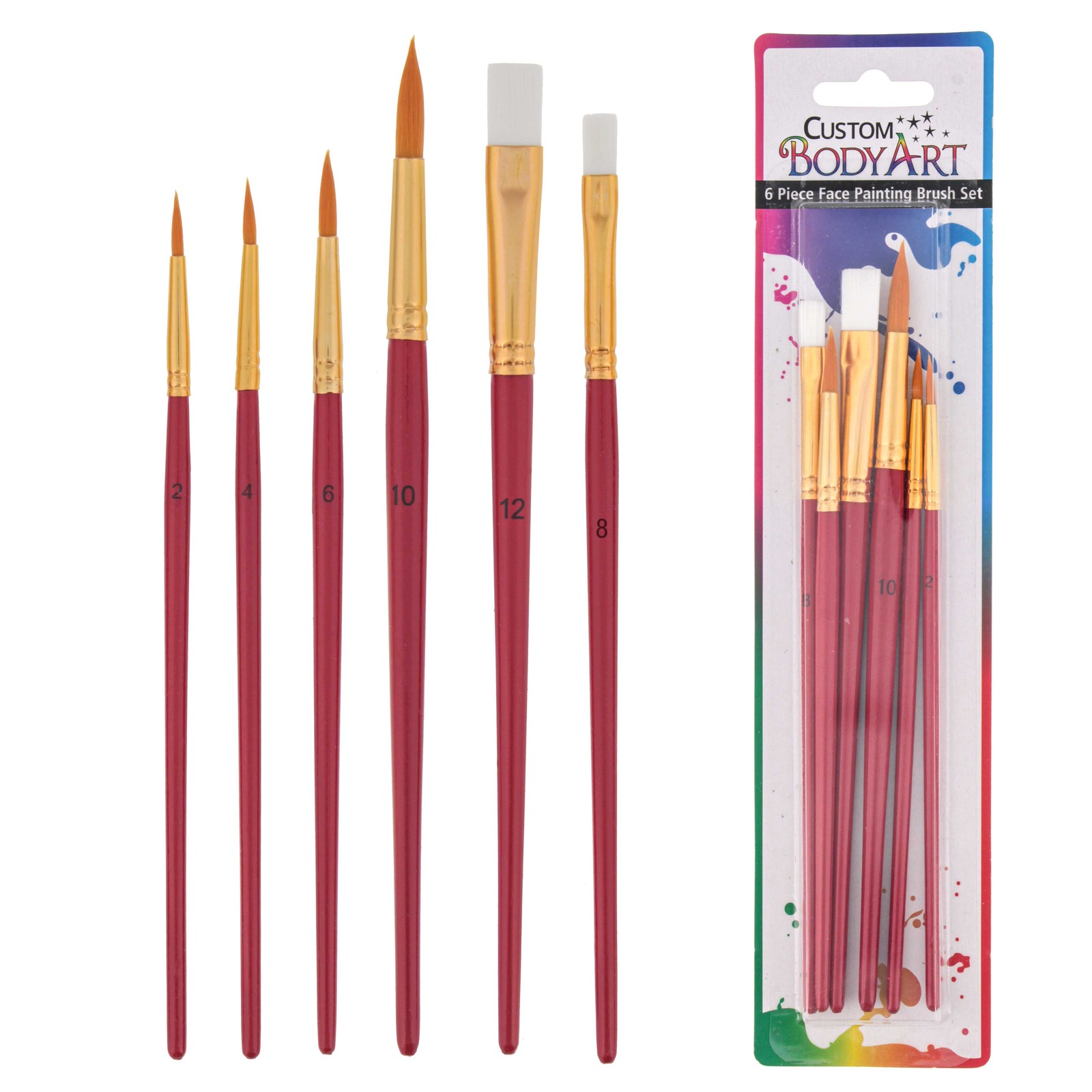 6 Piece Nylon Hair Face Painting Brush Set 4 Round Sz. 2-4-6-10, 2 Flat Sz. 8-12