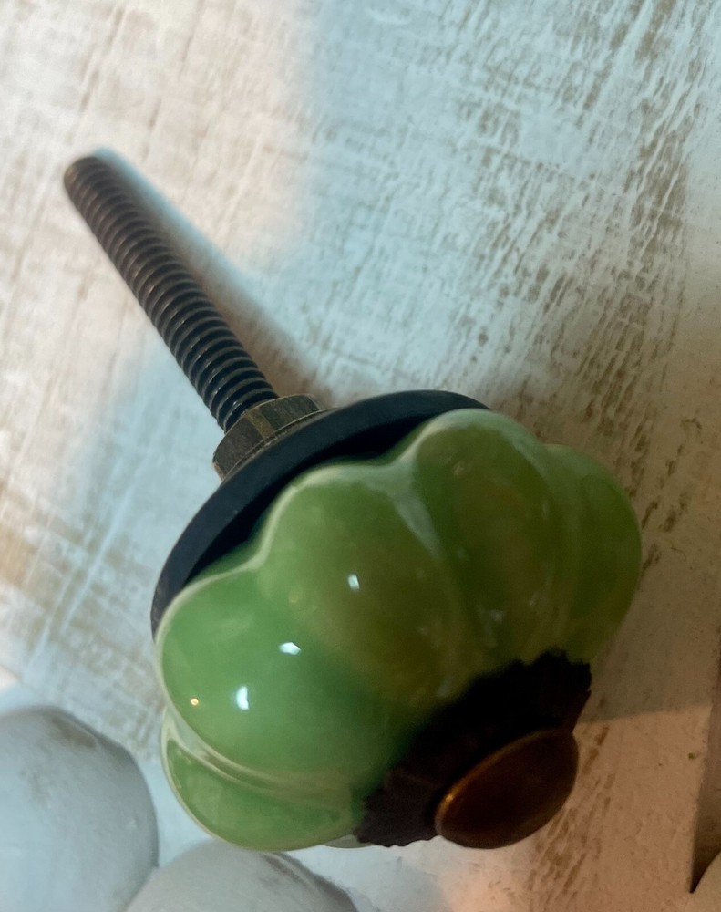 2 Brass 1.25" JADEITE GREEN Kitchen Cabinet Drawer Knobs Depression Caramic