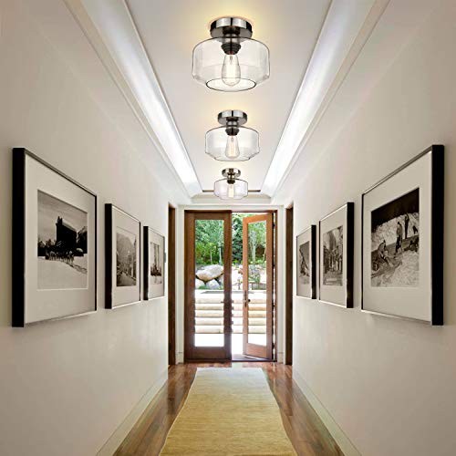 Industrial Semi Flush Mount Ceiling Light Brushed Nickel, Clear Large Silver