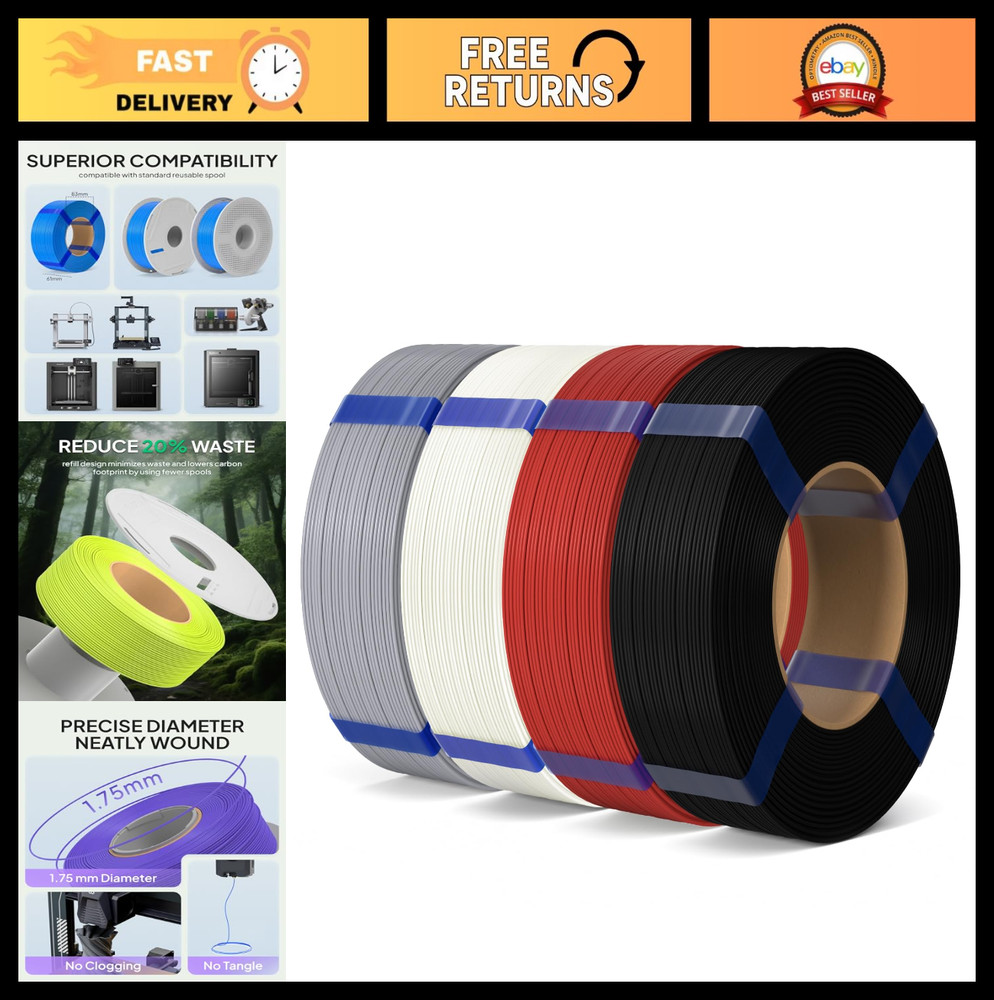 4KG 1.75mm 3D Printer Filament Bundle - No Spool, High Precision, Black, White,