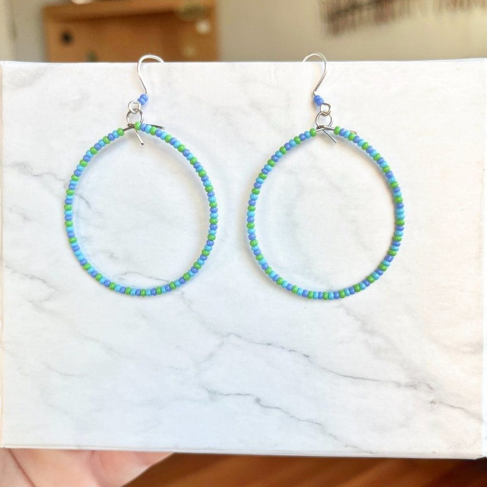 Ocean Hand Beaded Tear Drop Earrings