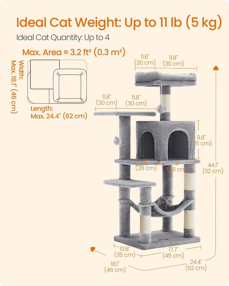 Feandrea 44.1" Cat Tree 🐱 Multi-Level Tower, Hammock, Cave, Scratching Posts