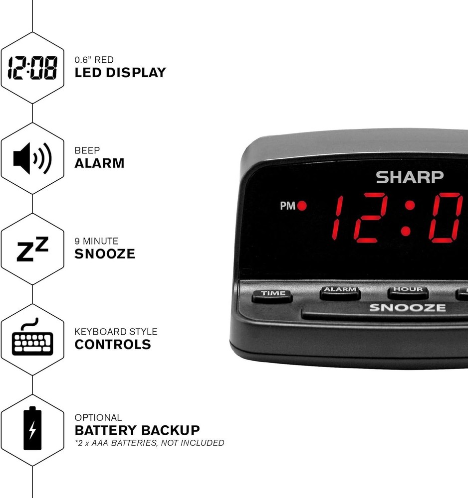 Sharp Digital Alarm Clock with Keyboard Style Controls, Battery Black