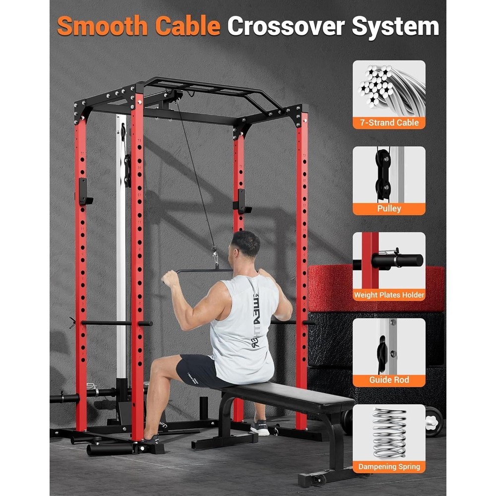 Power Cage w/ LAT Pull Down System, Multi-Functional Squat Rack w/Low Row System