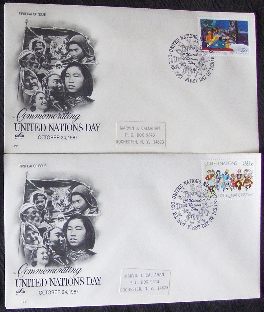 2 different  FDC Commemorating United Nations Day, NY 1987.
