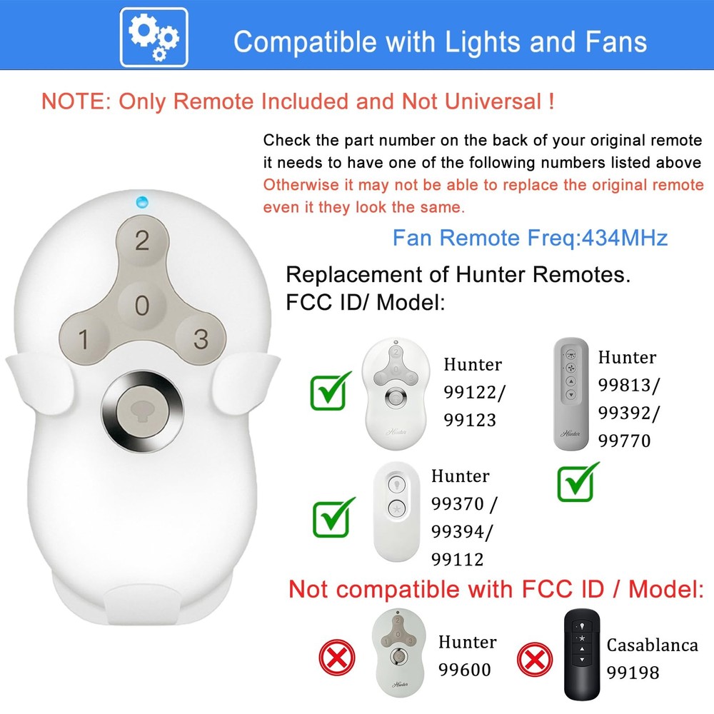 Replacement Remote for Hunter Ceiling Fan Remote Control 99122/99123, 3-Speed...