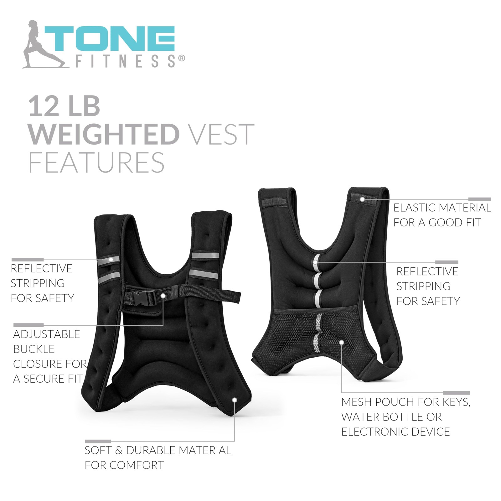 Tone Fitness Black Weighted Vest 12 Lbs
