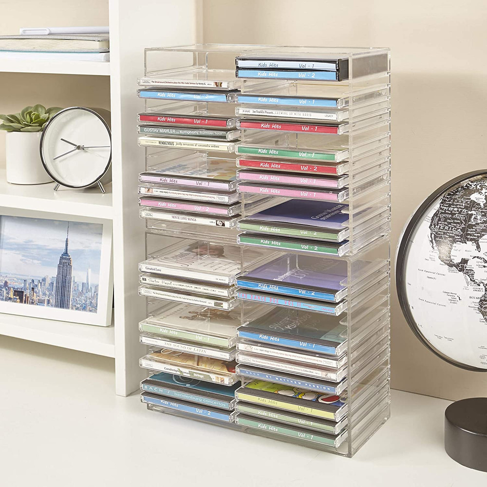 Stori Stackable Clear Plastic CD Organizer with Rubber Feet | Rectangular Jewel