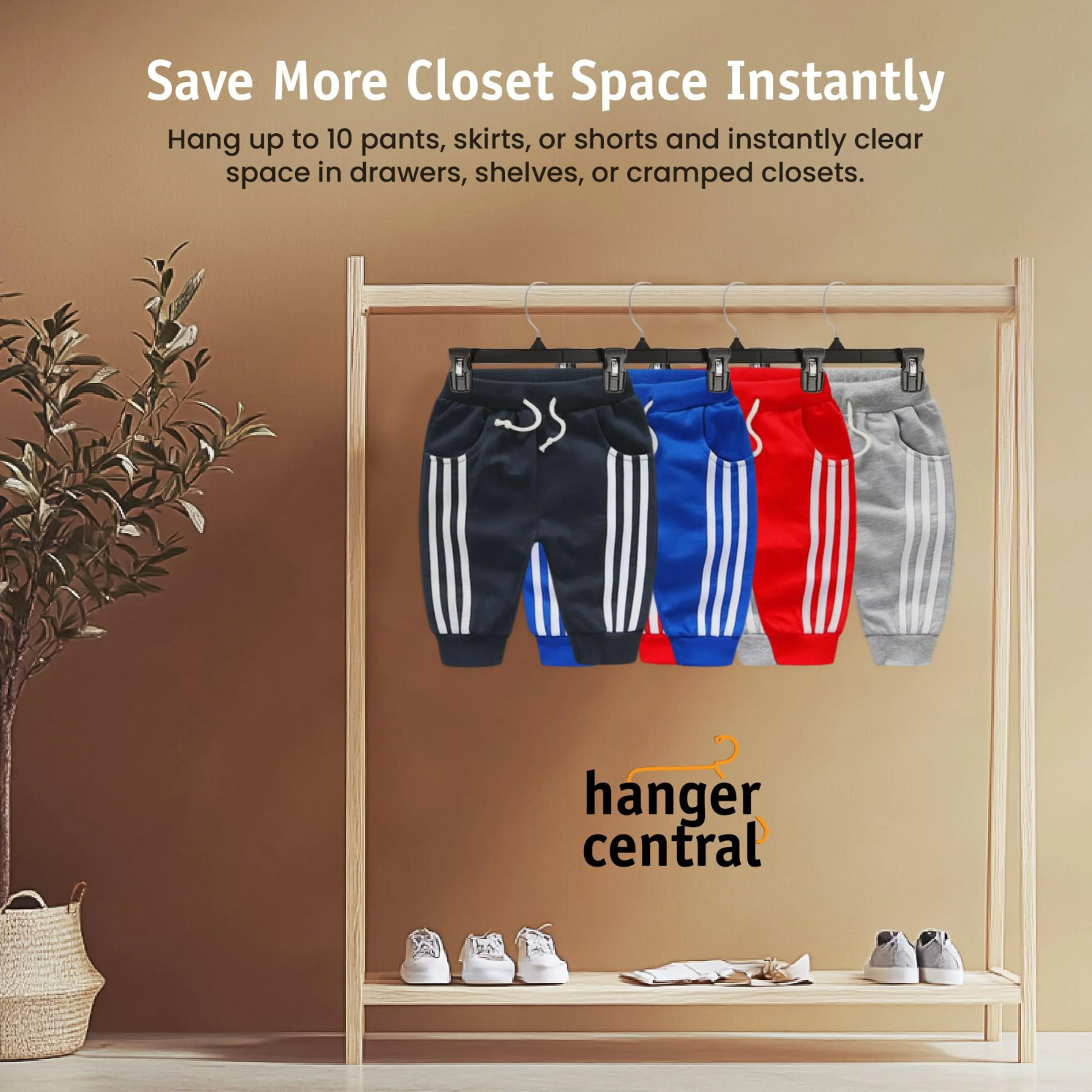 Hanger Central Black Plastic Pants Hangers 10 Pack 10 Inch w/ Clips Heavy Duty