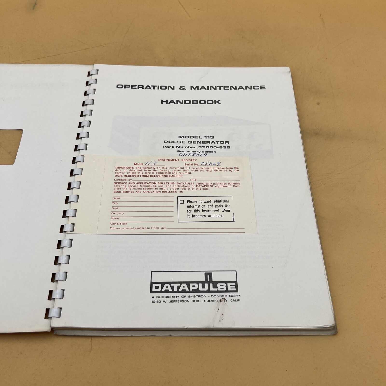Datapulse Model 113 Pulse Generator Operation and Maintenance Manual Preliminary
