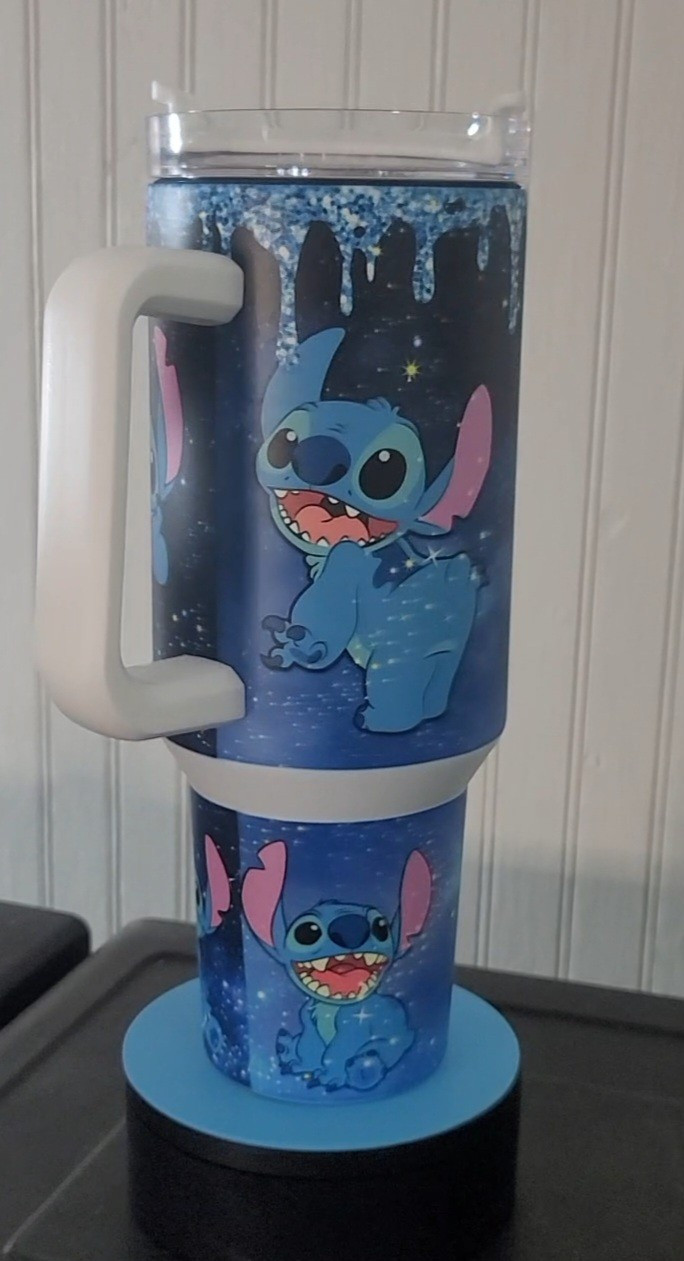 40oz Blue Glow In The Dark Cosmic Stitch Tumbler straw, lid