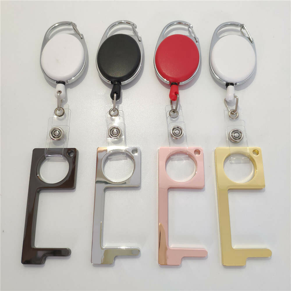 Contactless Brass Door Opener W/ Retractable Pull Reel Stepnpull Keychain BLACK
